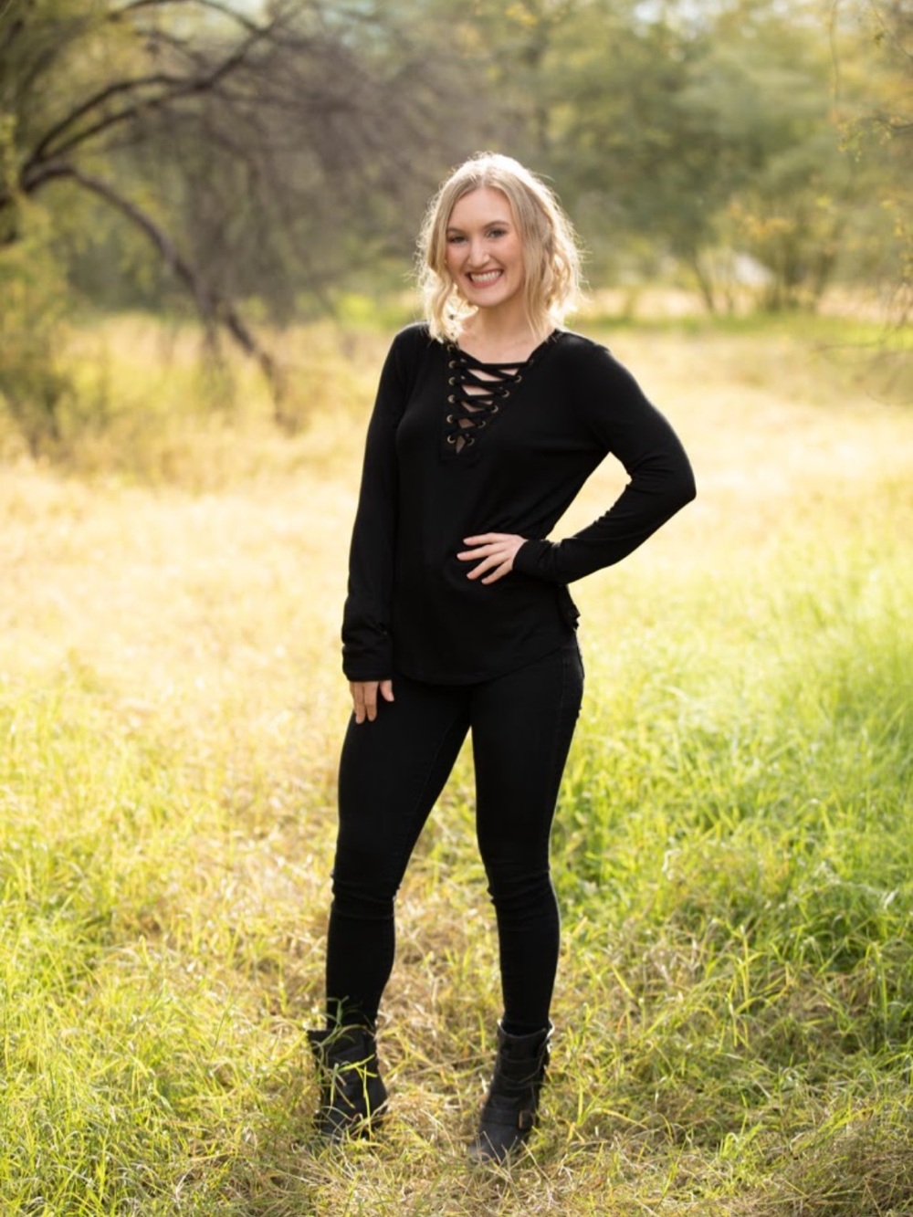 Women's Black Lace-Up Long Sleeve Top